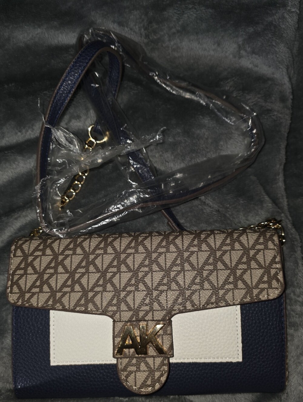 Anne Klein Navy/White Crossbody Color Block With Monogram Patterned Closure
